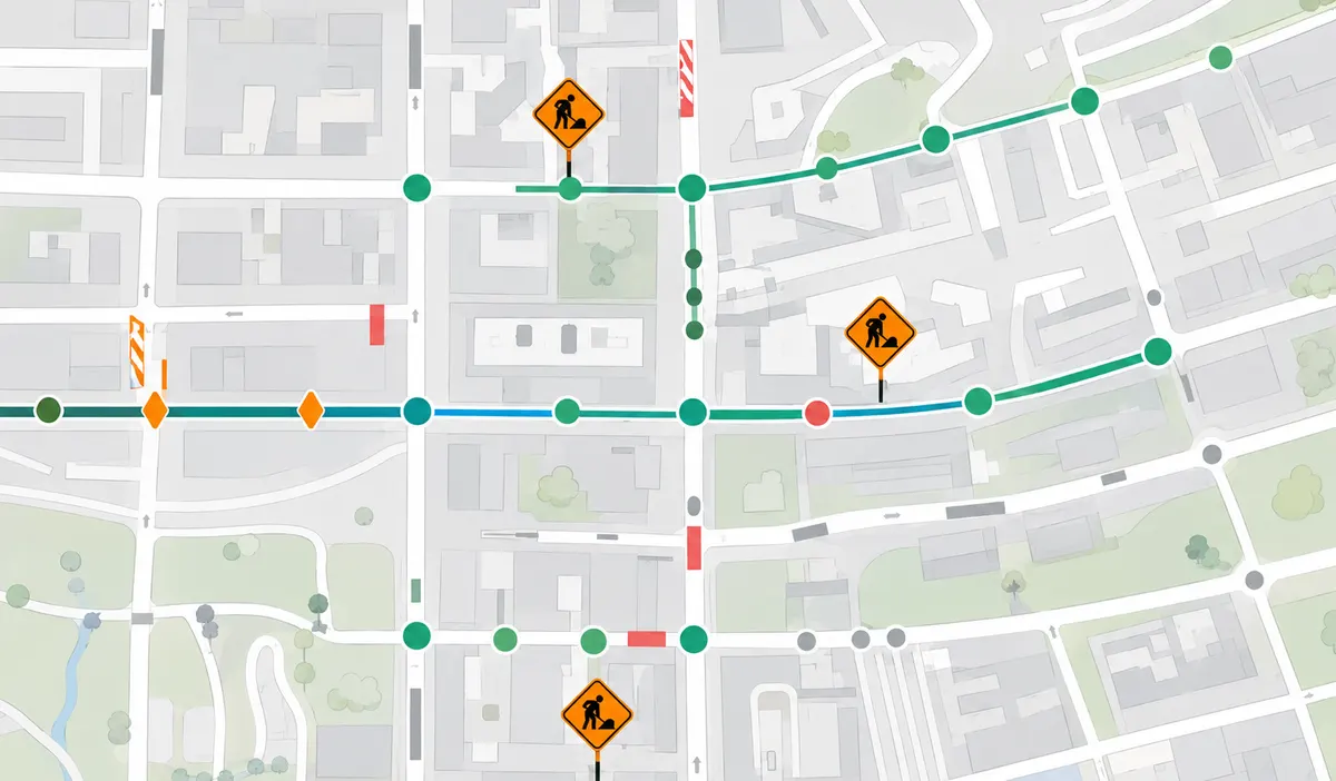 Arterial lane closure template with work zone, detour route, and traffic controls